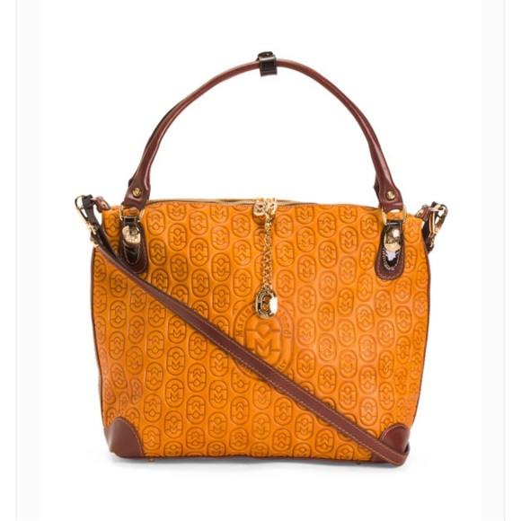 MARINO ORLANDI Italy Monogram Cognac Brown Leather Oversized Hobo Shoulder Bag - Picture 15 of 15